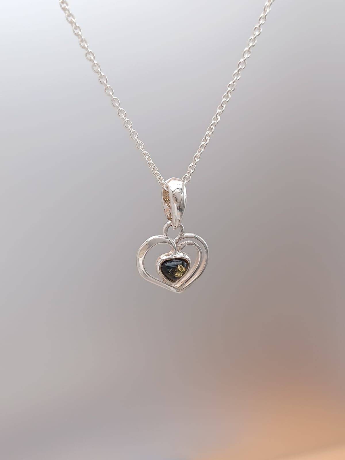 Sterling Silver Green Amber Heart Pendant Necklace – 18” Trace Chain