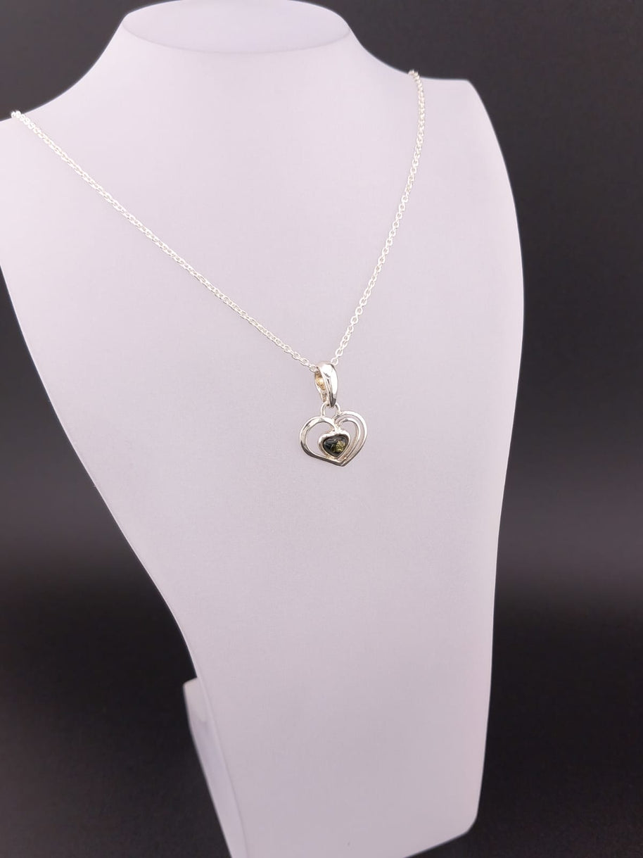 Sterling Silver Green Amber Heart Pendant Necklace – 18” Trace Chain
