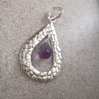 Sterling Silver Hammered Teardrop & Amethyst Pendant Necklace – 18” Trace Chain