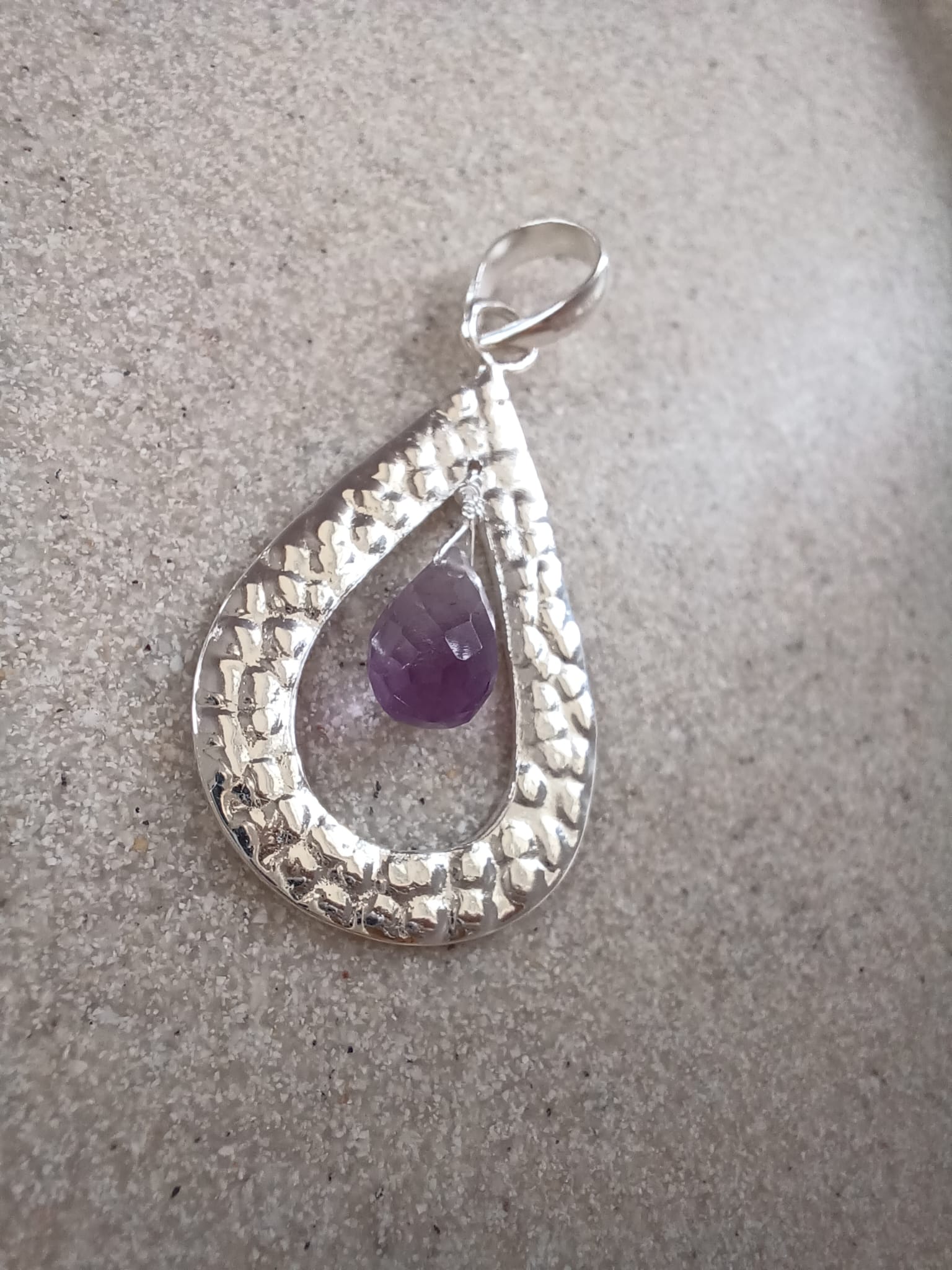 Sterling Silver Hammered Teardrop & Amethyst Pendant Necklace – 18” Trace Chain