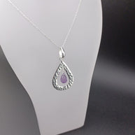 Sterling Silver Hammered Teardrop & Amethyst Pendant Necklace – 18” Trace Chain