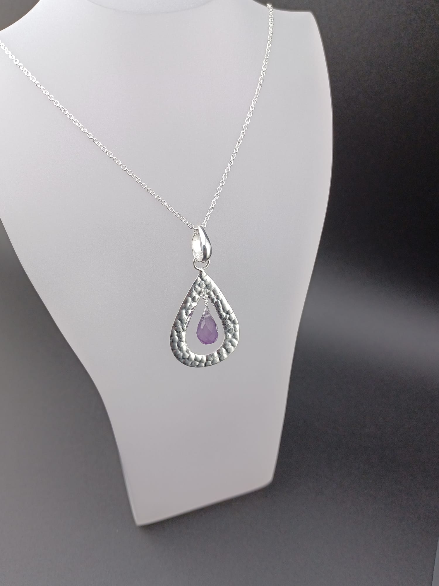 Sterling Silver Hammered Teardrop & Amethyst Pendant Necklace – 18” Trace Chain