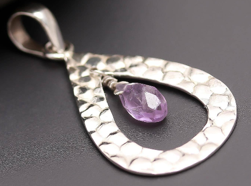 Sterling Silver Hammered Teardrop & Amethyst Pendant Necklace – 18” Trace Chain