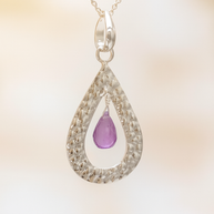 Sterling Silver Hammered Teardrop & Amethyst Pendant Necklace – 18” Trace Chain