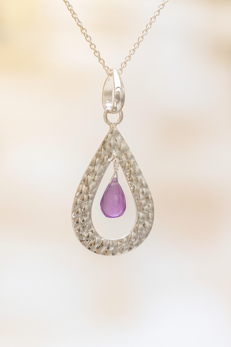Sterling Silver Hammered Teardrop & Amethyst Pendant Necklace – 18” Trace Chain