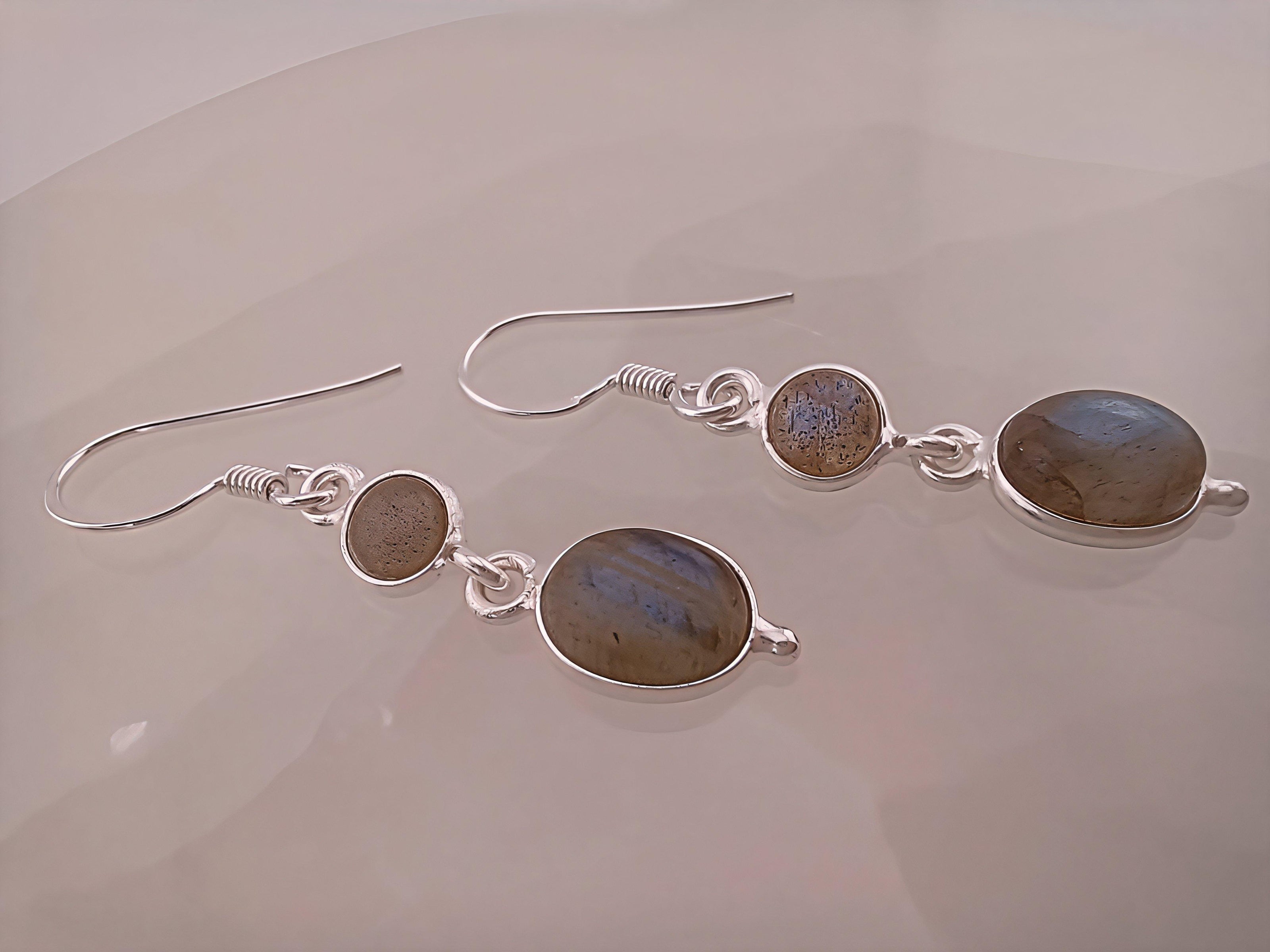Sterling Silver Labradorite Round & Oval Cabochon Earrings
