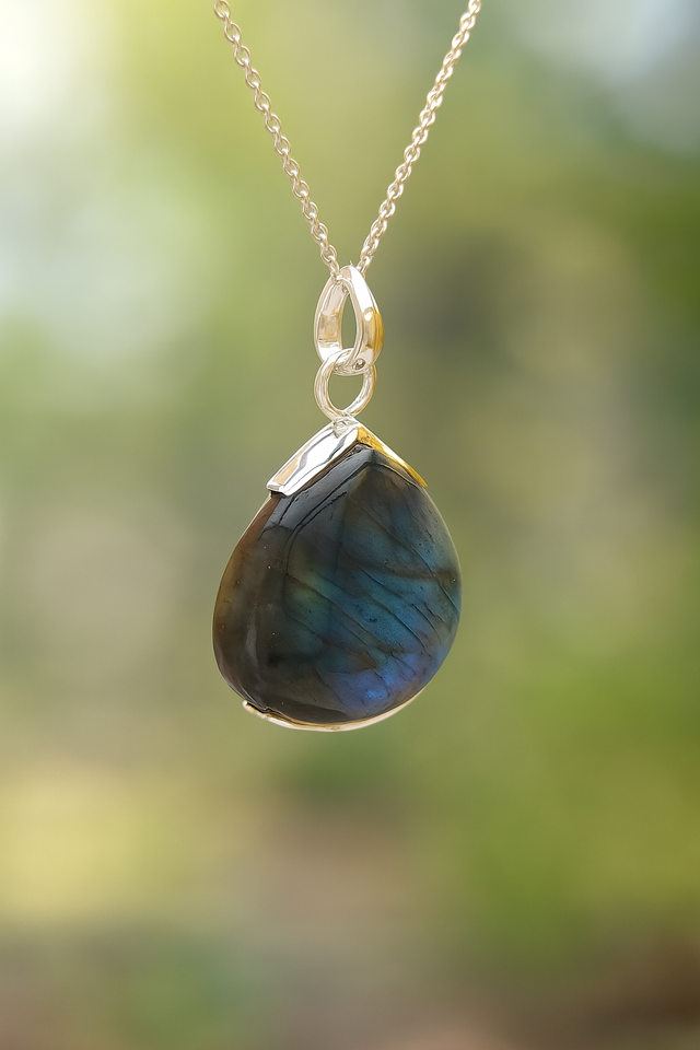 Sterling Silver Labradorite Pendant Necklace – 18” Trace Chain