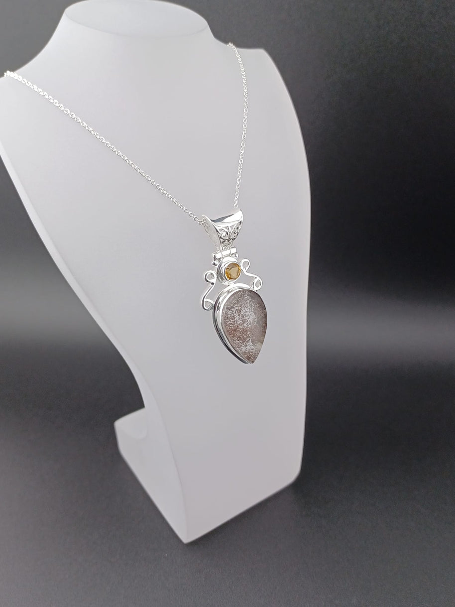 Sterling Silver Lepidocrocite & Citrine Pendant Necklace – 18” Trace Chain