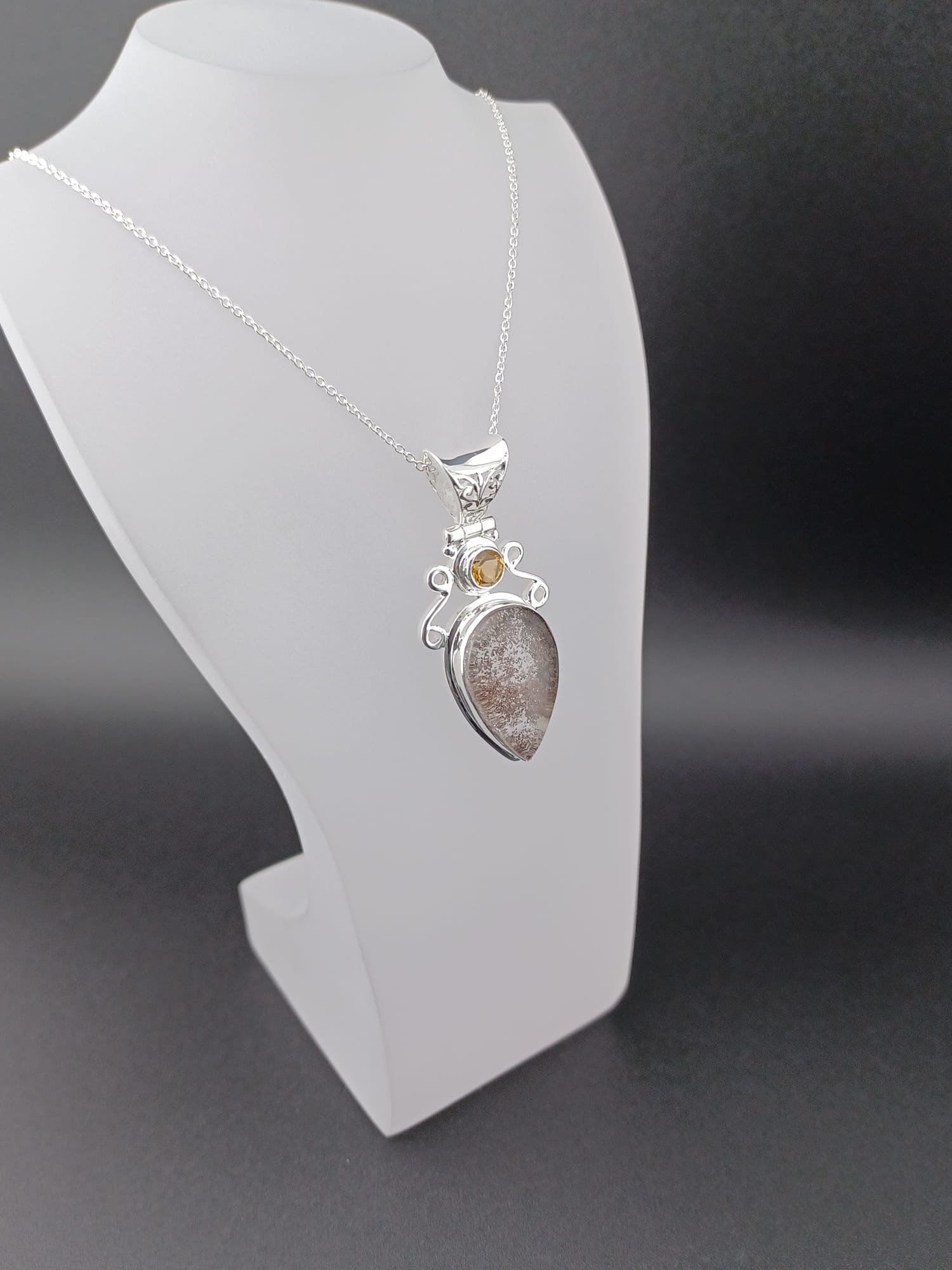 Sterling Silver Lepidocrocite & Citrine Pendant Necklace – 18” Trace Chain