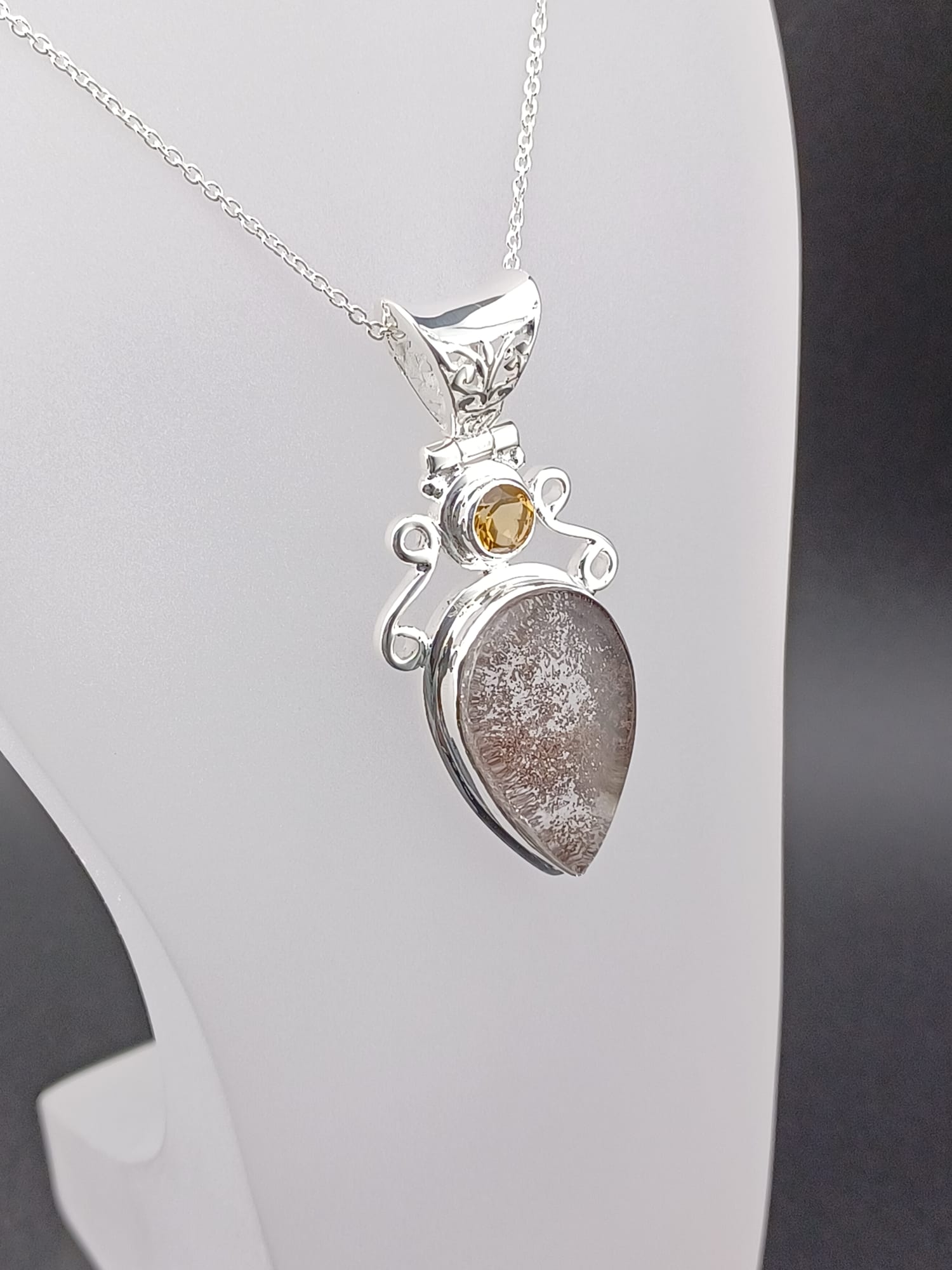 Sterling Silver Lepidocrocite & Citrine Pendant Necklace – 18” Trace Chain