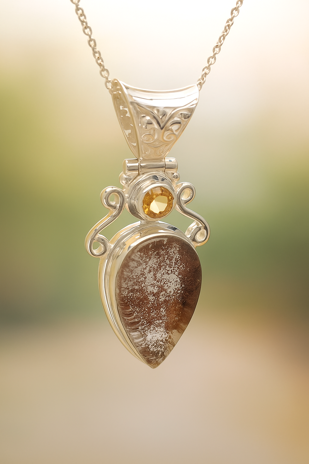 Sterling Silver Lepidocrocite & Citrine Pendant Necklace – 18” Trace Chain
