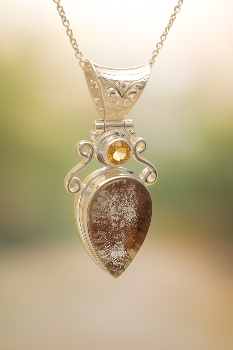 Sterling Silver Lepidocrocite & Citrine Pendant Necklace – 18” Trace Chain