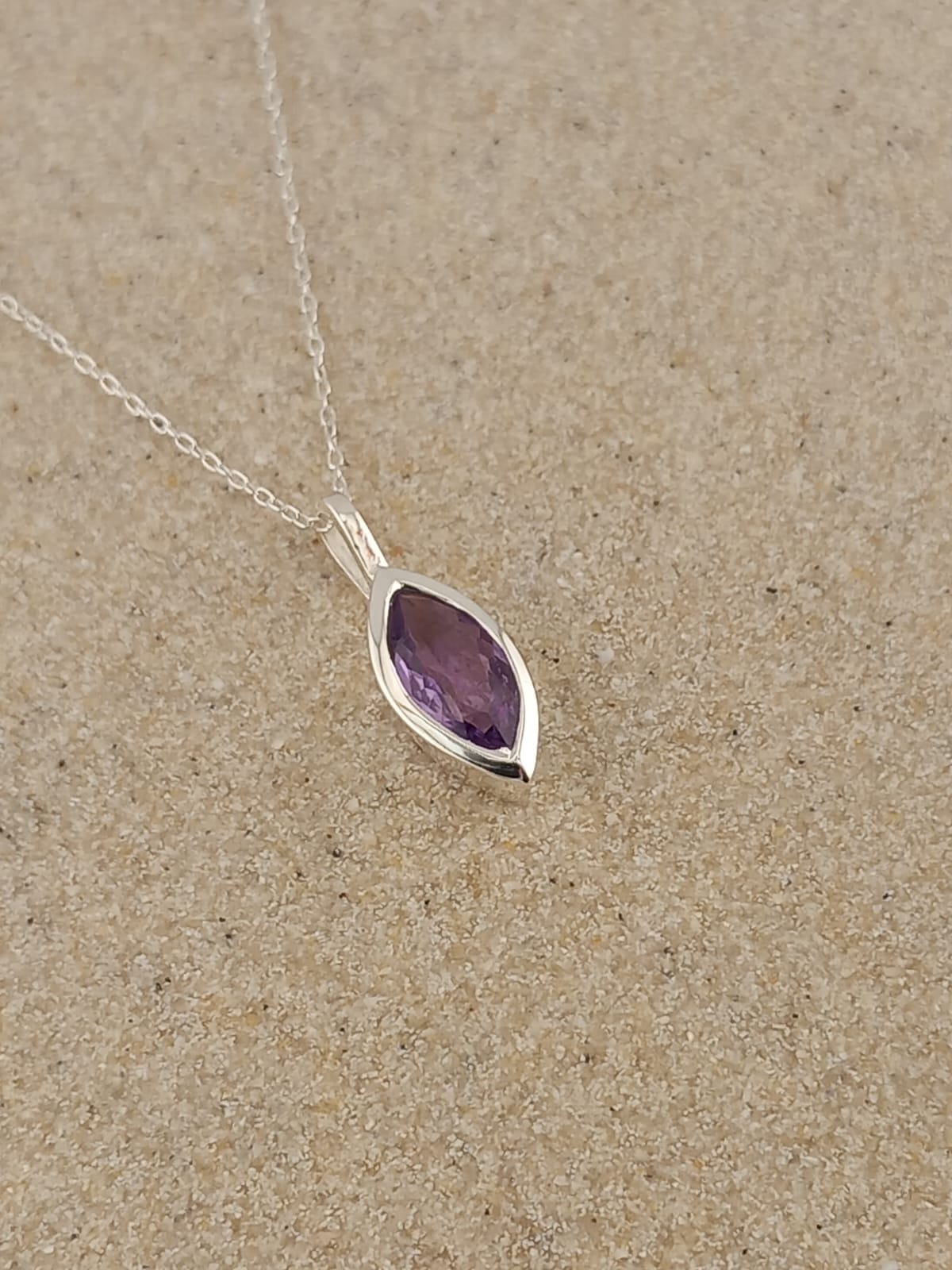 Sterling Silver Marquise Amethyst Pendant Necklace – Adjustable 16–18” Fine Trace Chain