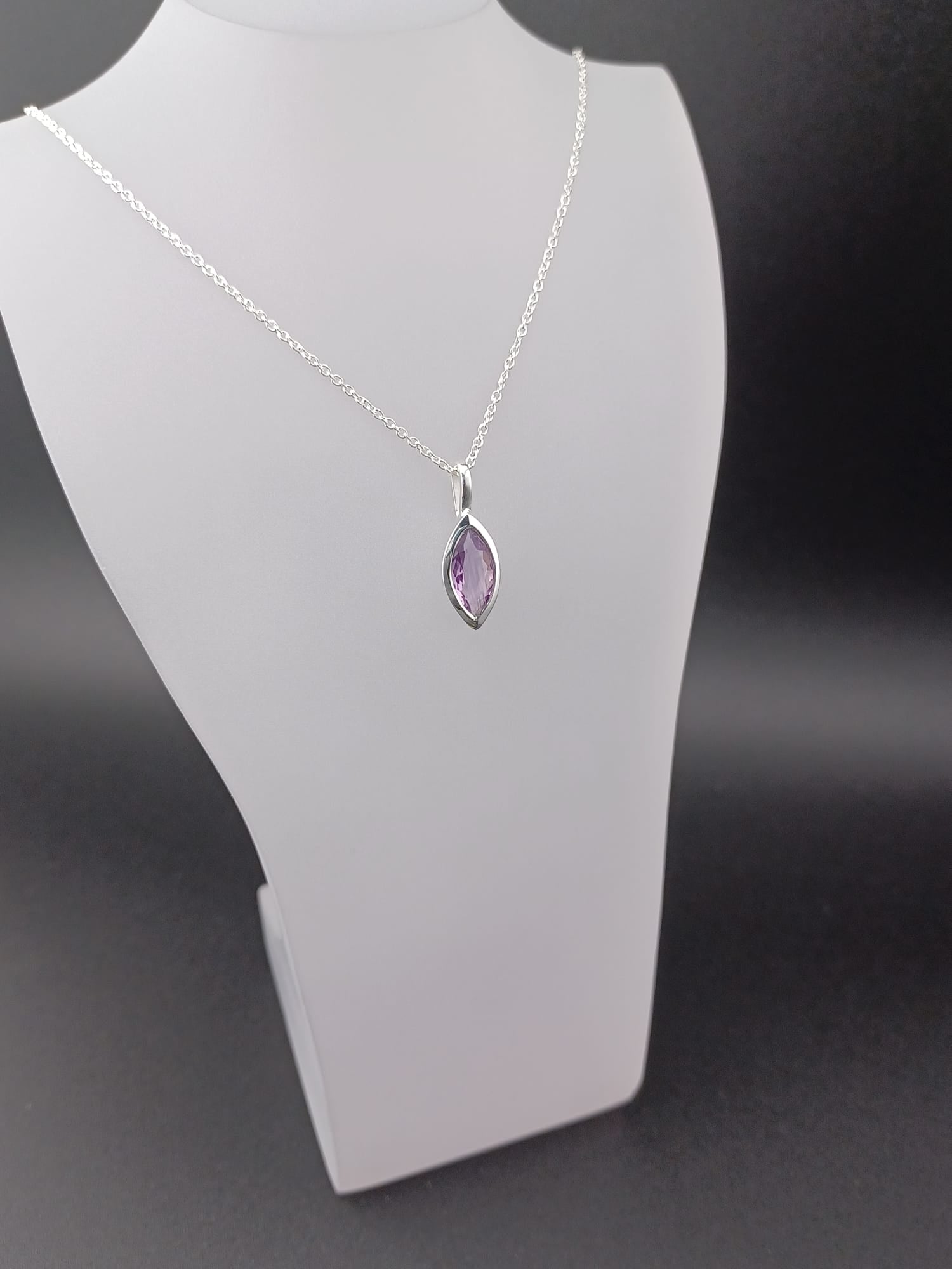 Sterling Silver Marquise Amethyst Pendant Necklace – Adjustable 16–18” Fine Trace Chain