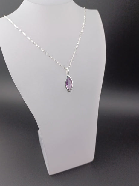 Sterling Silver Marquise Amethyst Pendant Necklace – Adjustable 16–18” Fine Trace Chain