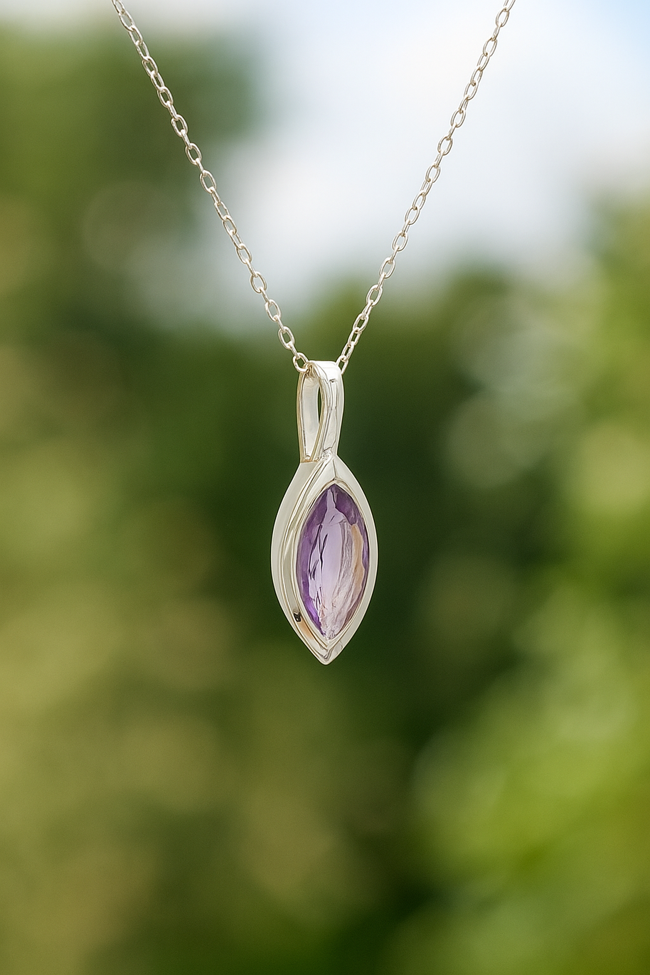 Sterling Silver Marquise Amethyst Pendant Necklace – Adjustable 16–18” Fine Trace Chain