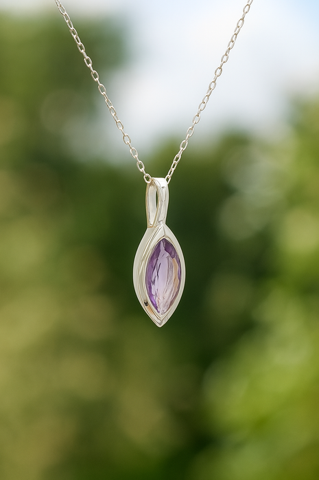 Sterling Silver Marquise Amethyst Pendant Necklace – Adjustable 16–18” Fine Trace Chain