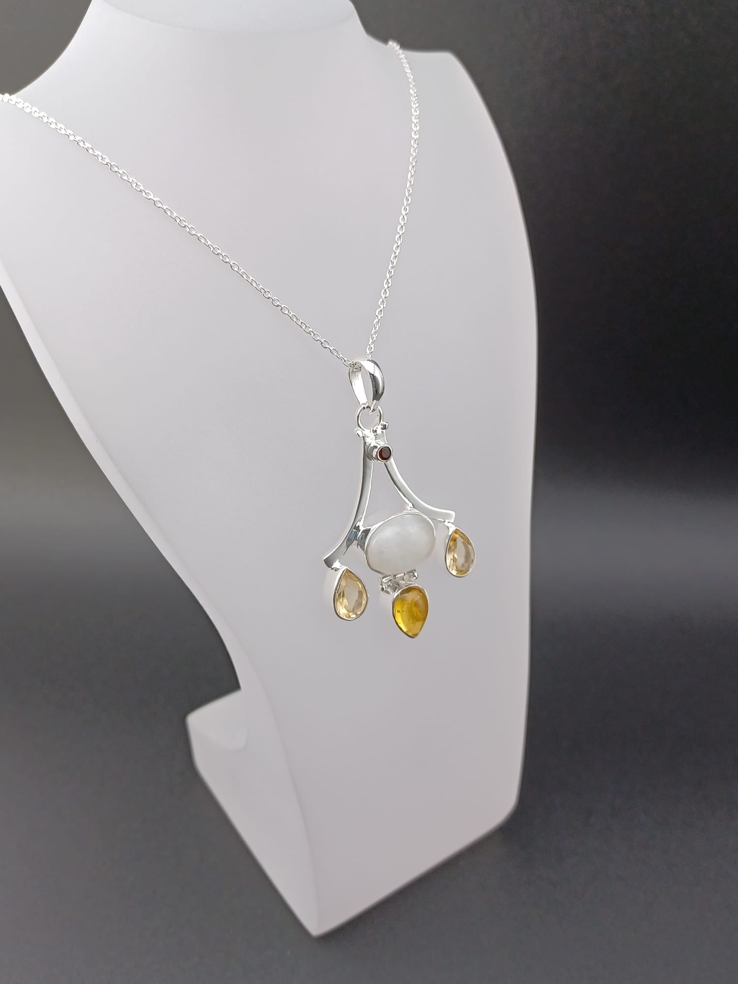 Sterling Silver Moonstone, Citrine & Garnet Pendant Necklace – 18” Trace Chain