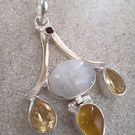 Sterling Silver Moonstone, Citrine & Garnet Pendant Necklace – 18” Trace Chain
