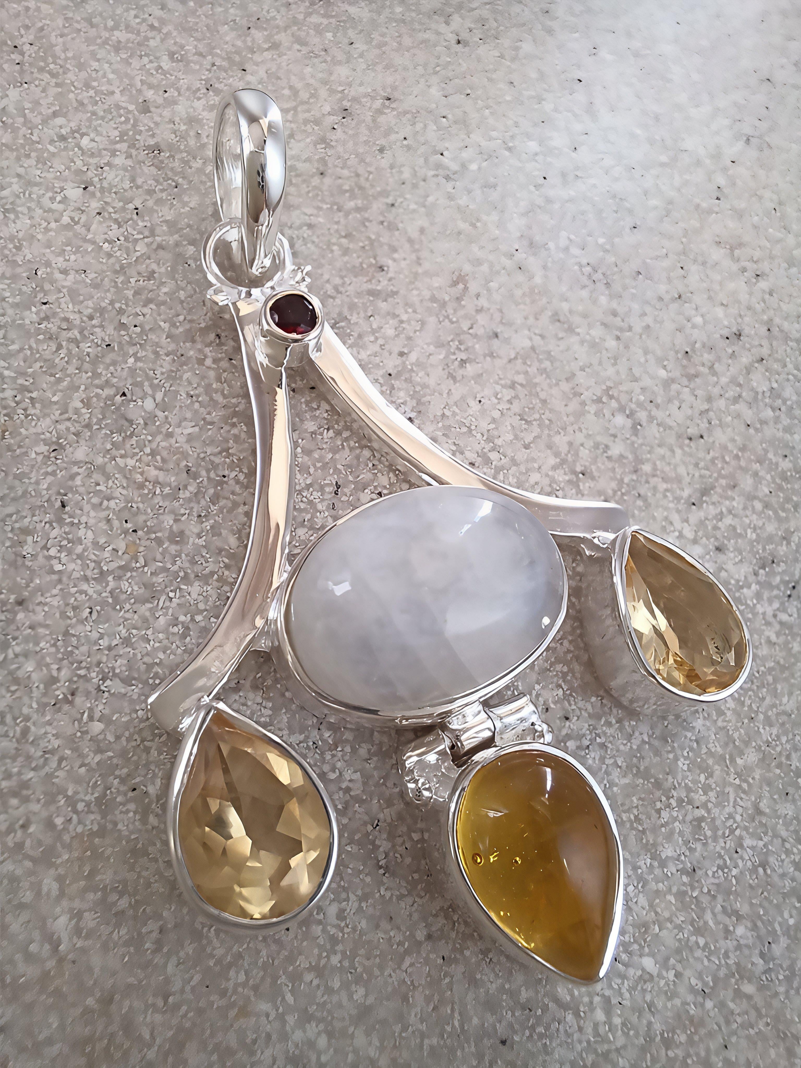 Sterling Silver Moonstone, Citrine & Garnet Pendant Necklace – 18” Trace Chain