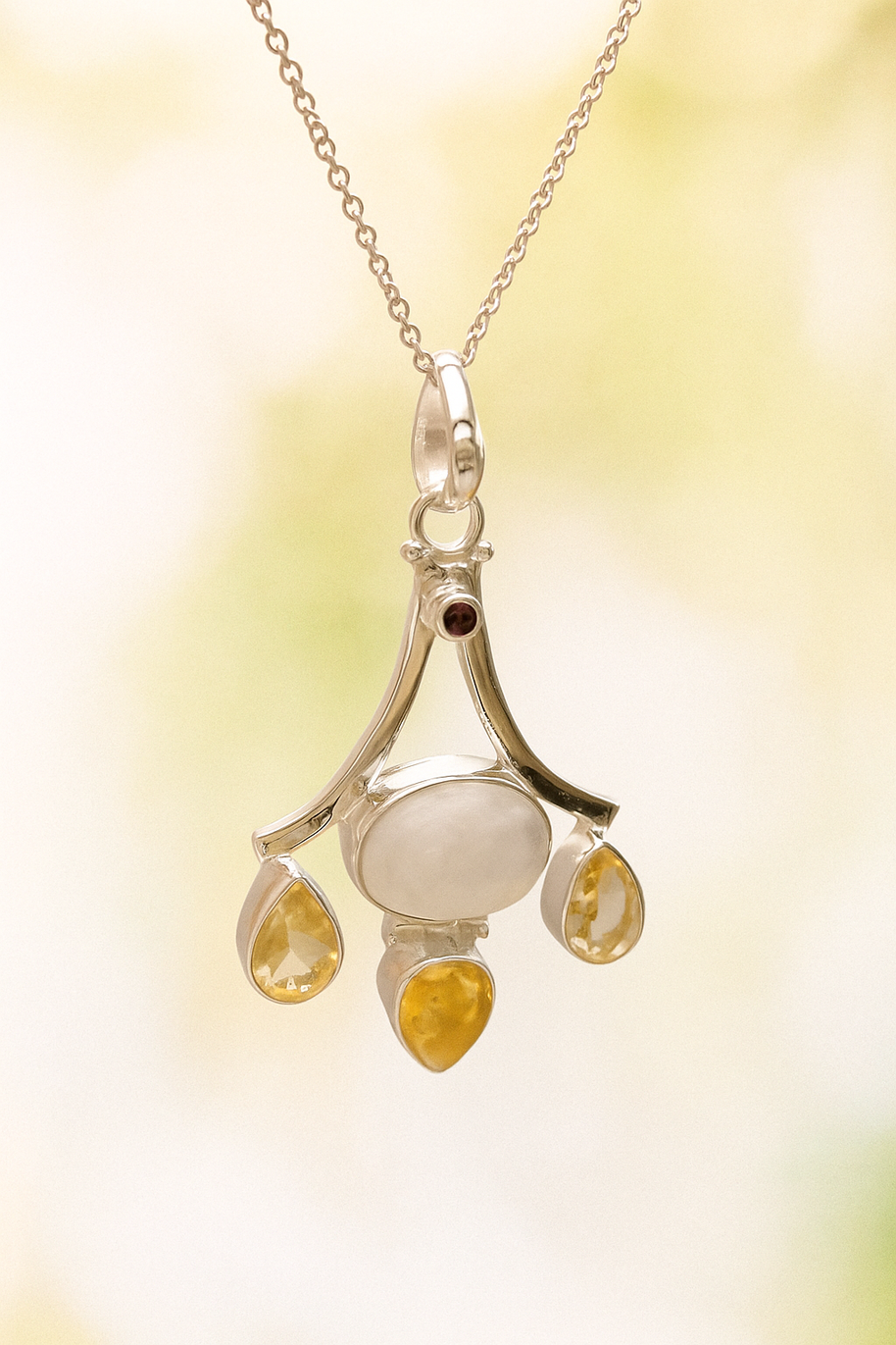 Sterling Silver Moonstone, Citrine & Garnet Pendant Necklace – 18” Trace Chain