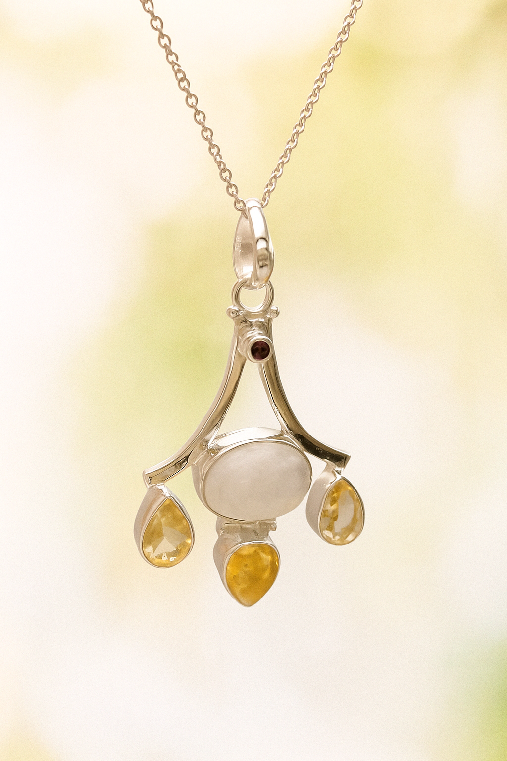 Sterling Silver Moonstone, Citrine & Garnet Pendant Necklace – 18” Trace Chain