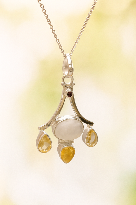 Sterling Silver Moonstone, Citrine & Garnet Pendant Necklace – 18” Trace Chain