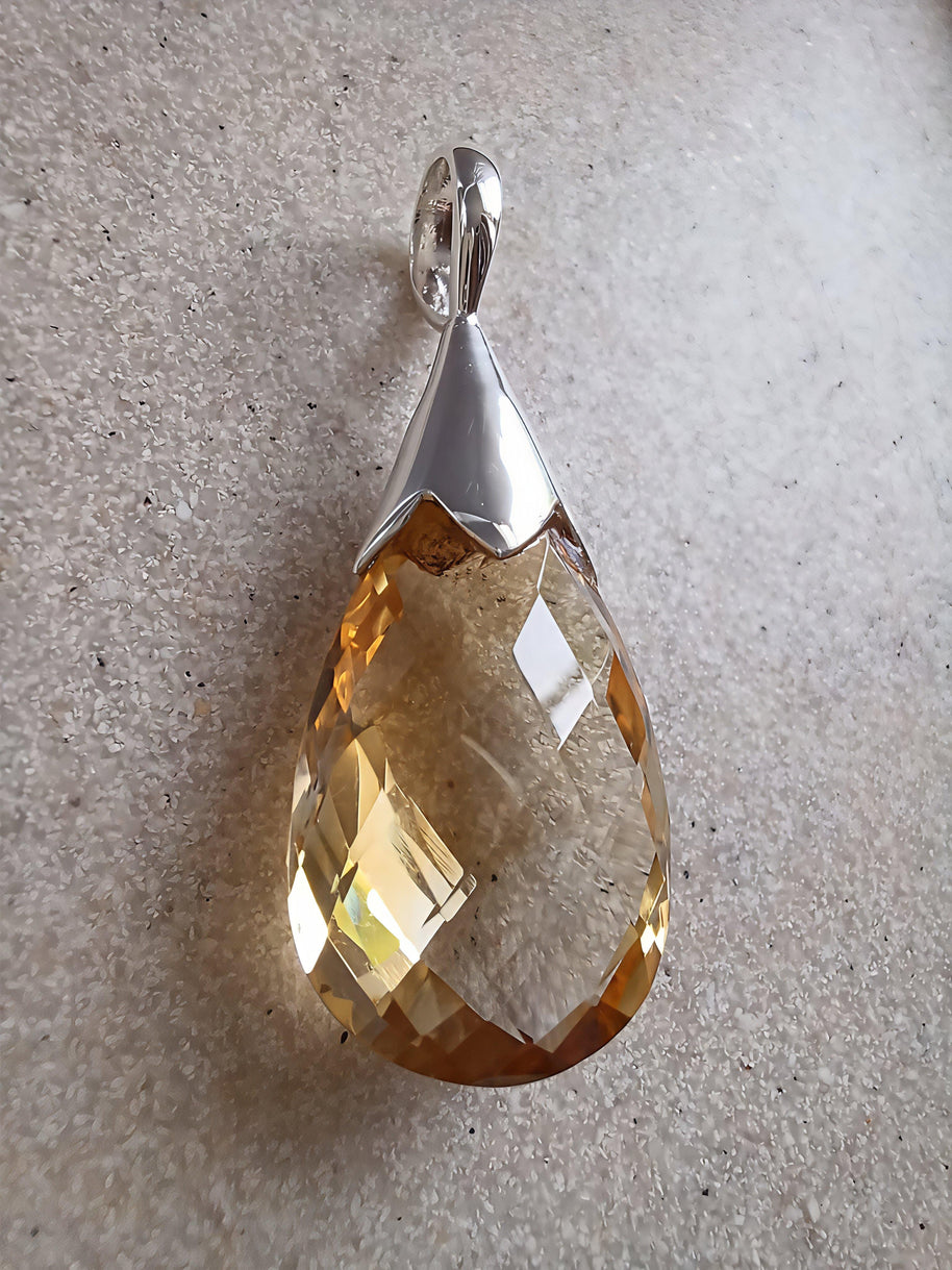 Sterling Silver Large Faceted Citrine Drop Pendant Necklace – 18” Trace Chain