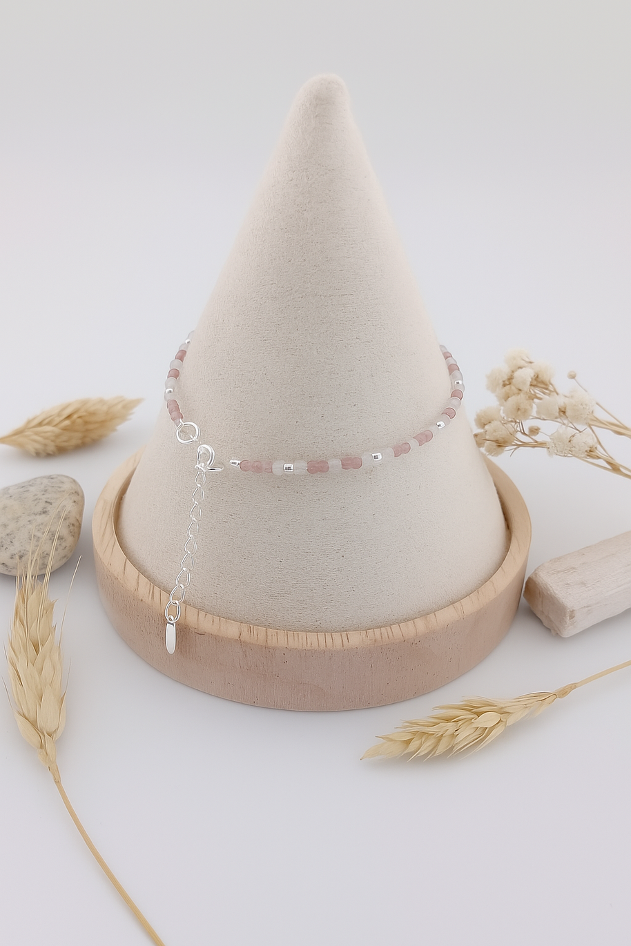 Pink Tourmaline & Rose Quartz Sterling Silver Bead Bracelet