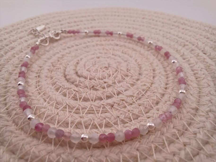Pink Tourmaline & Rose Quartz Sterling Silver Bead Bracelet