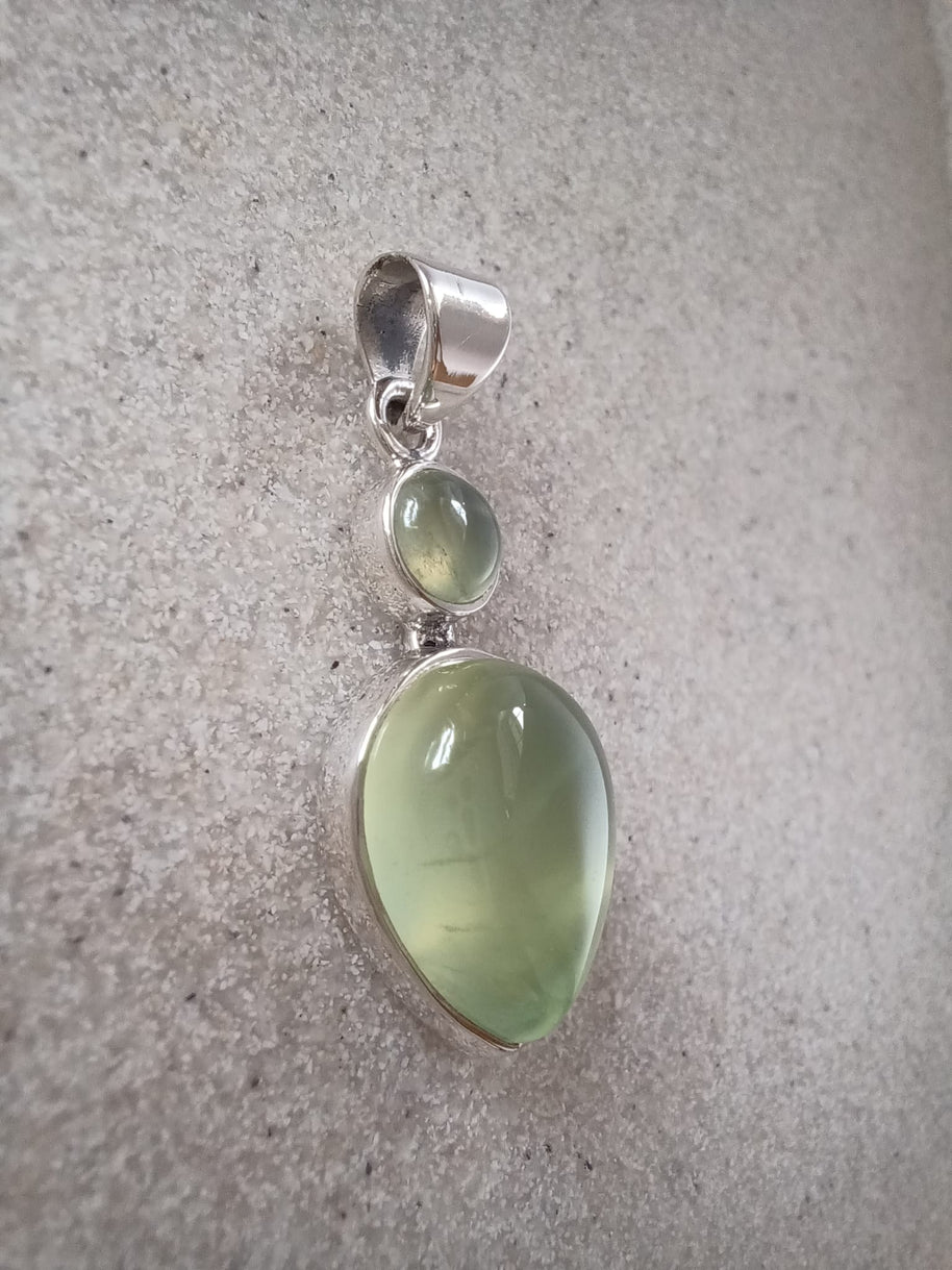Sterling Silver Inverted Teardrop & Round Prehnite Pendant Necklace – 18” Trace Chain