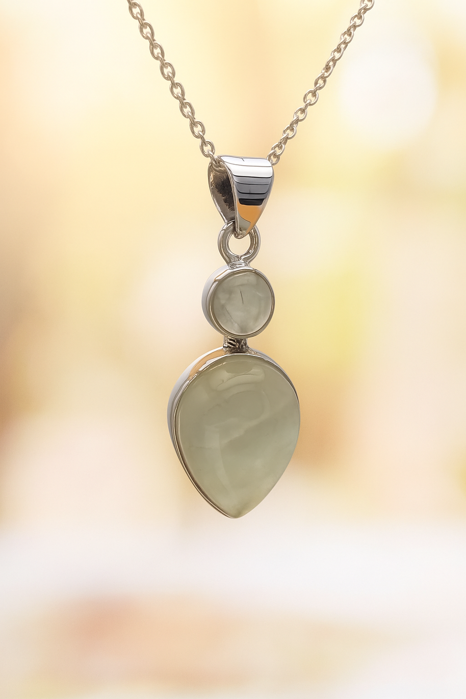 Sterling Silver Inverted Teardrop & Round Prehnite Pendant Necklace – 18” Trace Chain