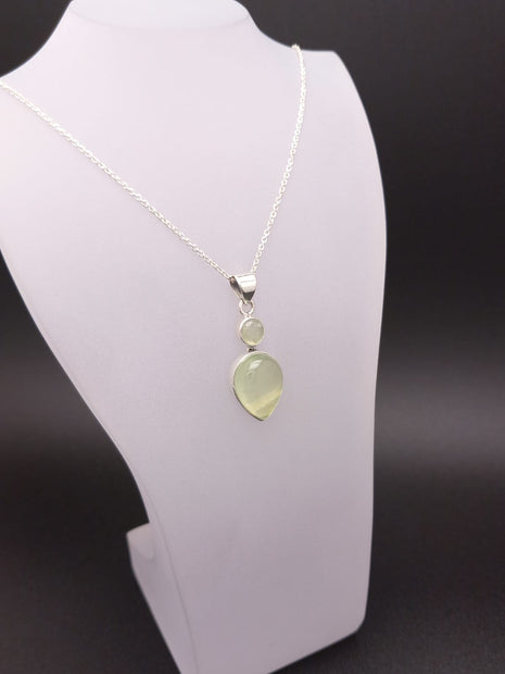Sterling Silver Inverted Teardrop & Round Prehnite Pendant Necklace – 18” Trace Chain