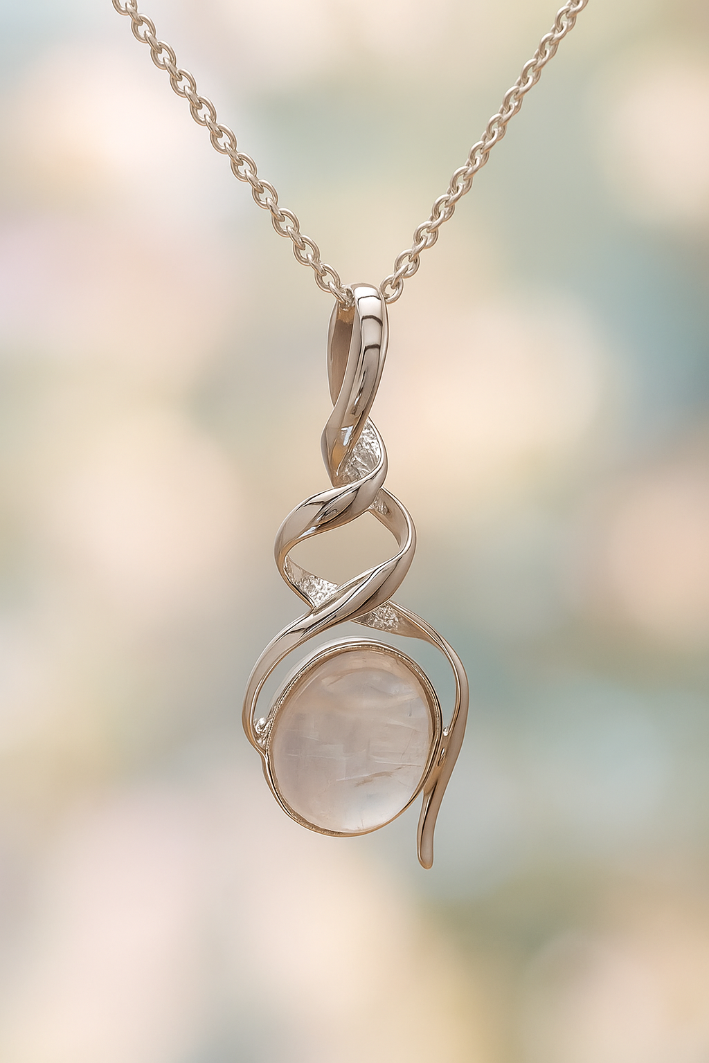 Sterling Silver Double Helix Moonstone Pendant - 18” Trace Chain