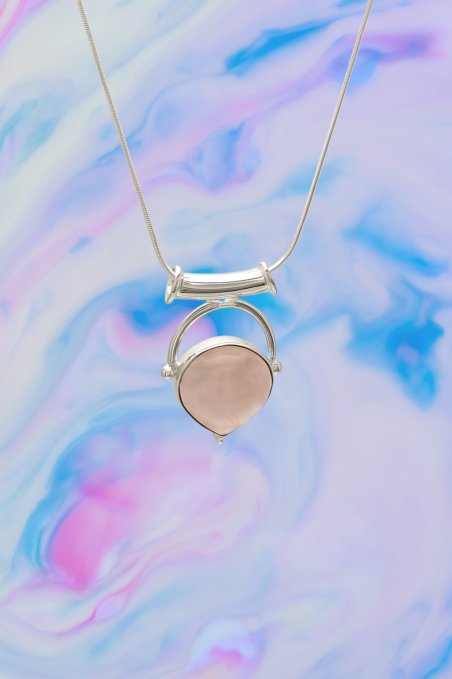 Sterling Silver Rose Quartz Inverted Pear Pendant Necklace – 16-18” Fine Snake Chain