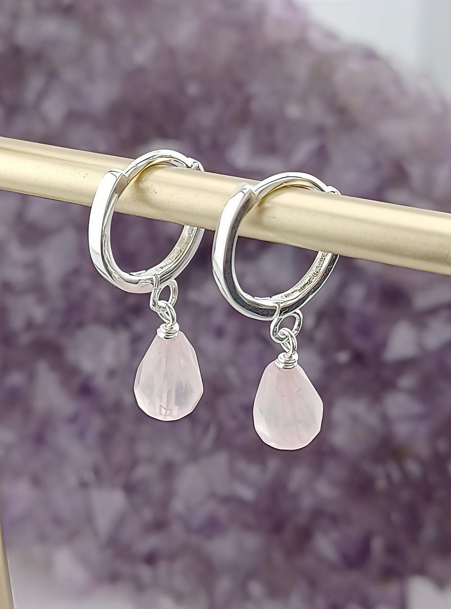 Sterling Silver Rose Quartz Briolette Huggie Earrings