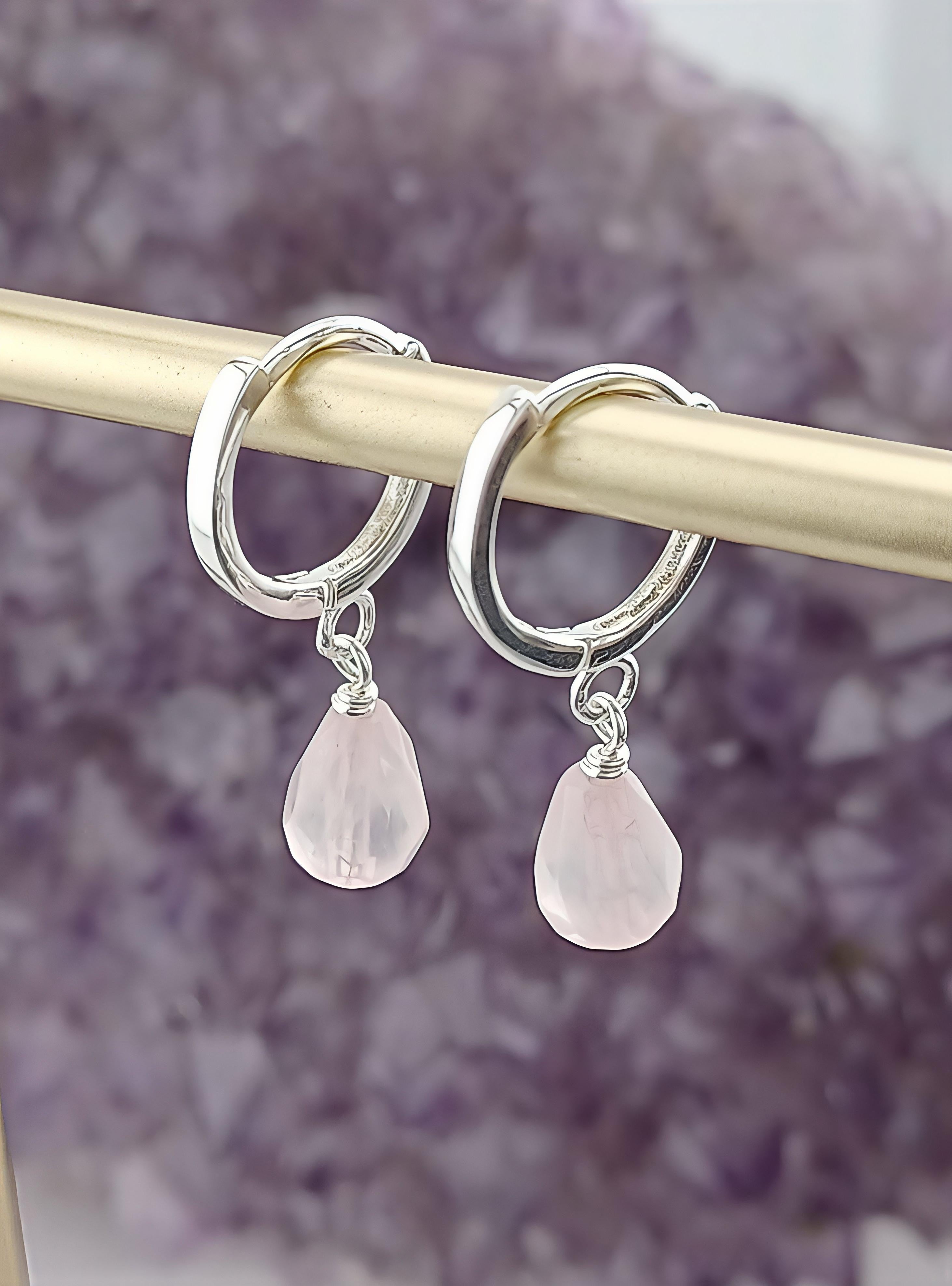 Sterling Silver Rose Quartz Briolette Huggie Earrings