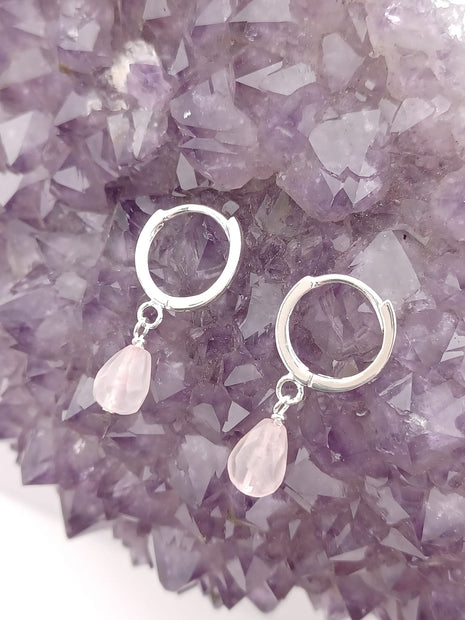 Sterling Silver Rose Quartz Briolette Huggie Earrings