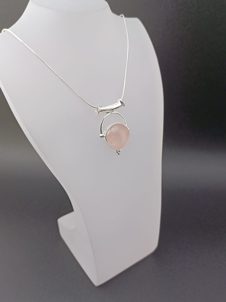 Sterling Silver Rose Quartz Inverted Pear Pendant Necklace – 16-18” Fine Snake Chain
