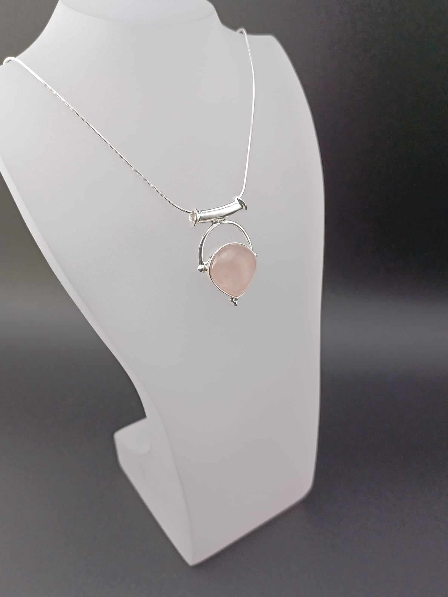 Sterling Silver Rose Quartz Inverted Pear Pendant Necklace – 16-18” Fine Snake Chain