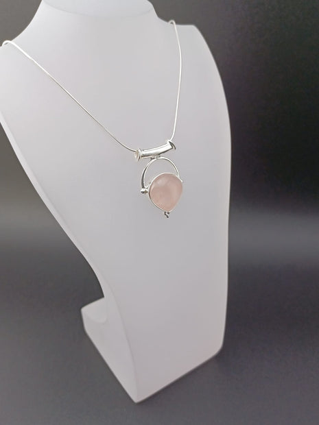 Sterling Silver Rose Quartz Inverted Pear Pendant Necklace – 16-18” Fine Snake Chain