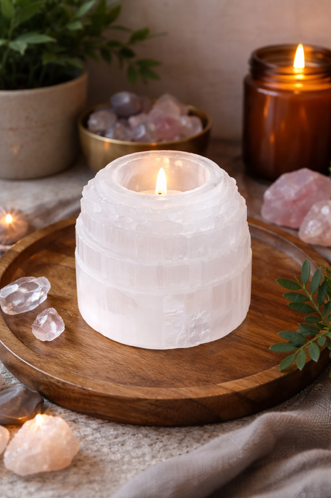 Selenite Crystal Mountain Tealight Candle Holder – 7cm