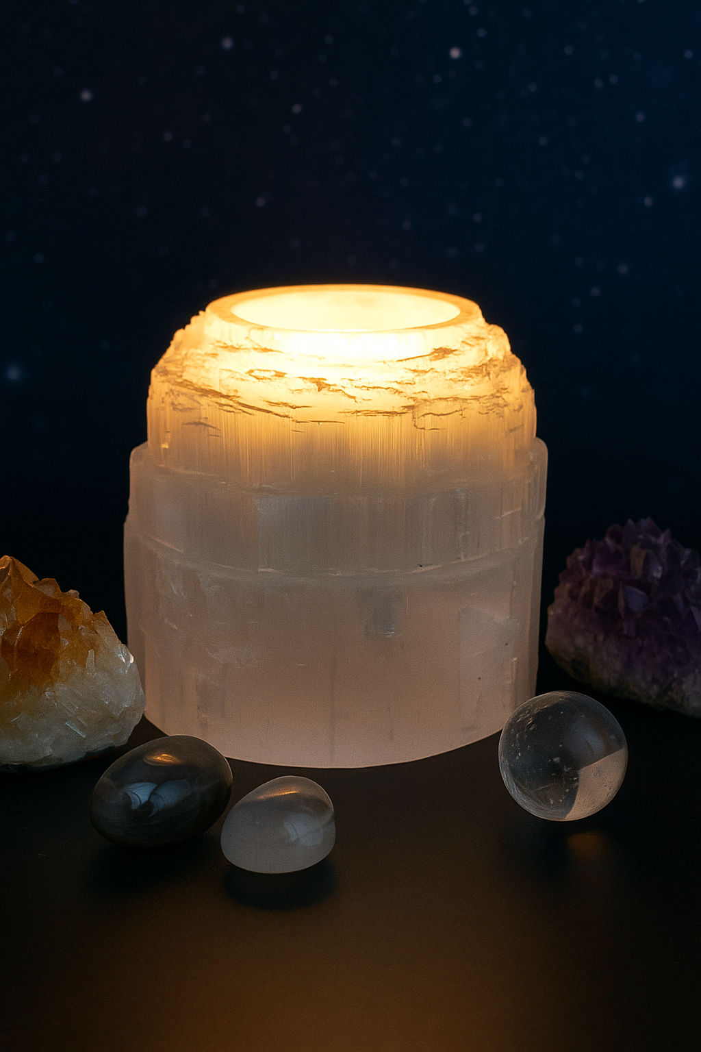 Selenite Crystal Mountain Tealight Candle Holder – 7cm