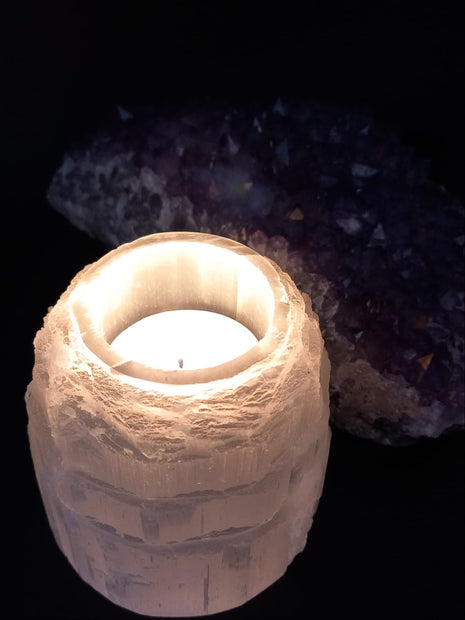 Selenite Crystal Mountain Tealight Candle Holder – 7cm