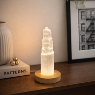 Selenite Crystal Tower Lamp with Wooden LED Base | 15cm Crystal | USB Light