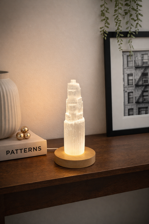 Selenite Crystal Tower Lamp with Wooden LED Base | 15cm Crystal | USB Light