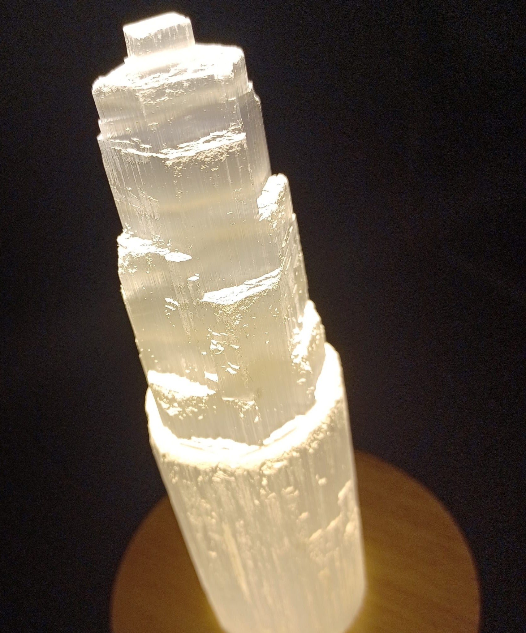 Selenite Crystal Tower with Wooden LED Base | 15cm Crystal | USB Powered