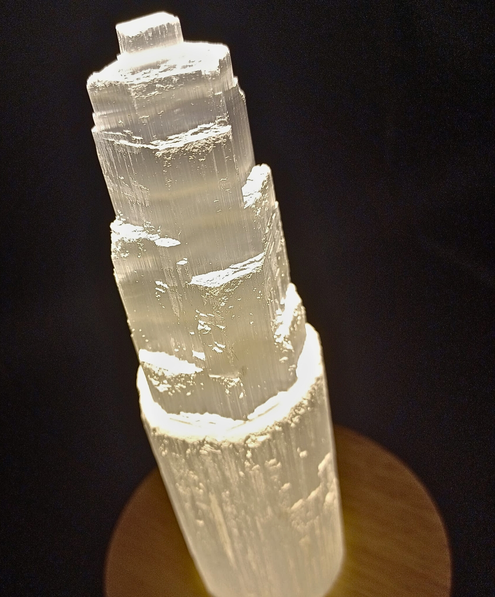 Selenite Crystal Tower Lamp with Wooden LED Base | 15cm Crystal | USB Light