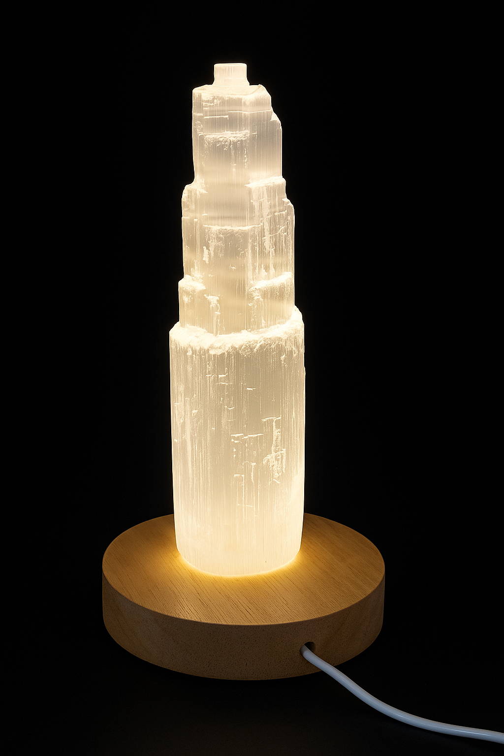 Selenite Crystal Tower with Wooden LED Base | 15cm Crystal | USB Powered