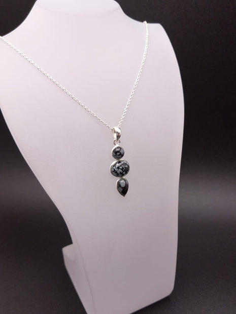 Sterling Silver Snowflake Obsidian Pendant Necklace – 18” Trace Chain